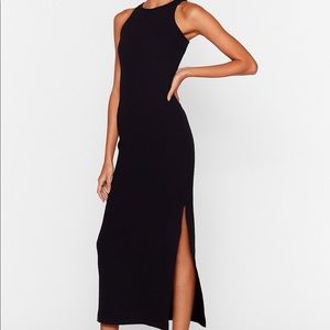 Black ribbed racer back bodycon midi dress
